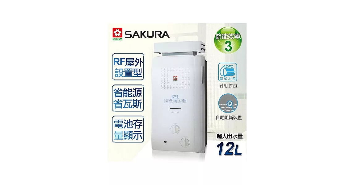 【櫻花牌】12L屋外抗風型ABS防空燒熱水器／GH-1221(天然瓦斯)