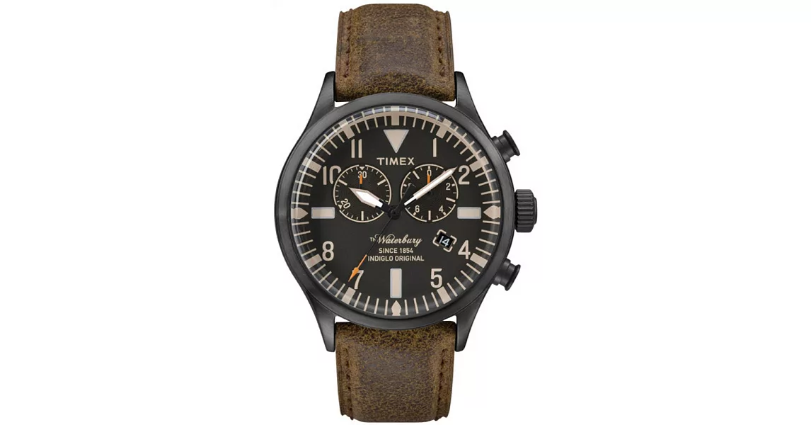 【TIMEX 】天美時雙眼計時腕錶Waterbury Chronograph系列 (黑面/褐色帶 TXT2P64800)