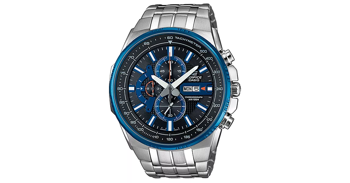 CASIO EDIFICE系列 高速轉移三眼賽車腕錶-藍框黑x銀