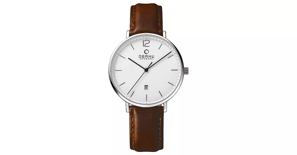 OBAKU    極致簡約時尚日期腕錶-銀X咖啡皮帶