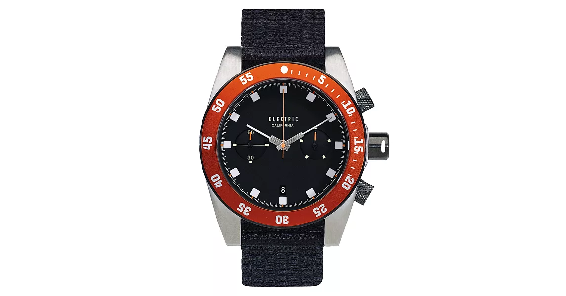【ELECTRIC】DW02系列時尚雙眼設計計時腕錶 (黑面/橘圈/黑帆布帶  EVEW0070020036)