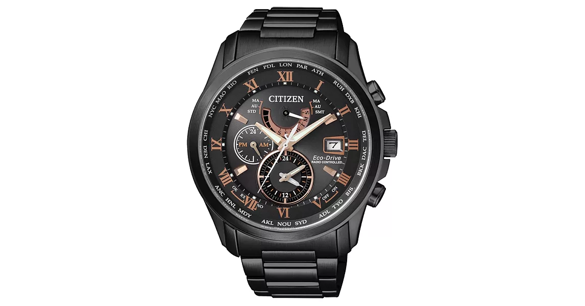 CITIZEN Eco-Drive 震撼出擊三眼電波錶-玫瑰金字x黑