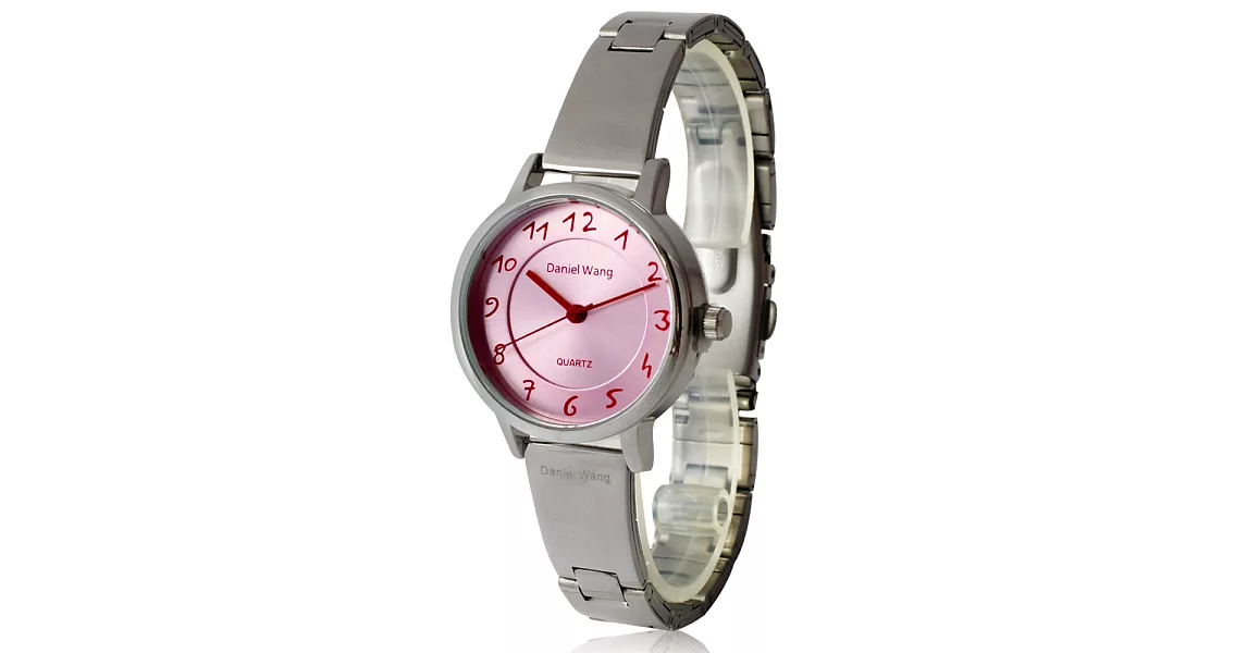 Daniel Wang 3139-S 典雅小巧錶帶銀框手寫數字質感手錶-粉面紅字