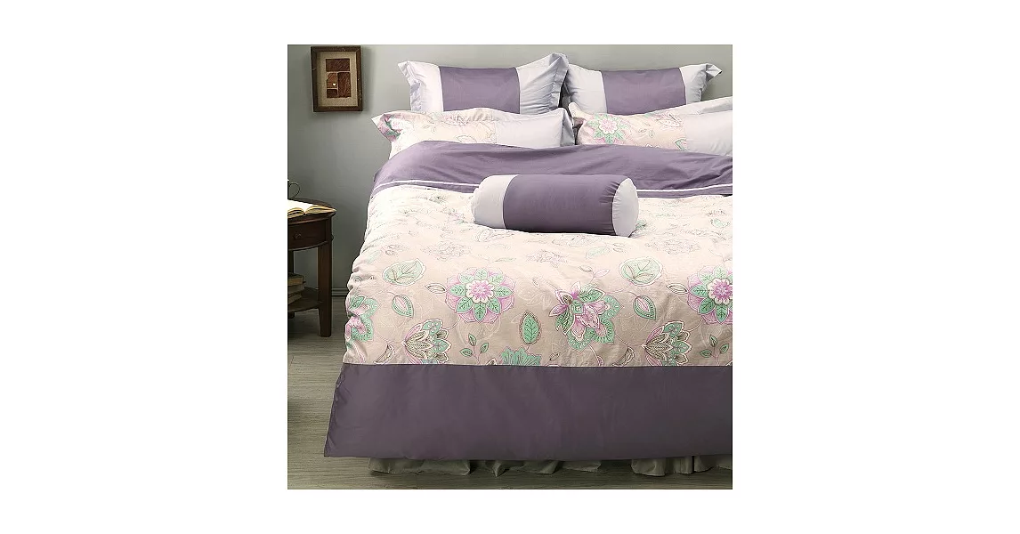 LITA麗塔 60支精梳棉【波隆那-紫花】雙人特大床包兩用被套枕套四件組