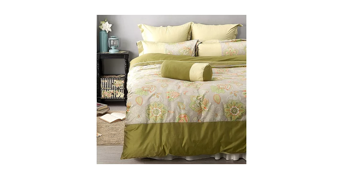 LITA麗塔 60支精梳棉【波隆那-綠花】雙人特大床包薄被套枕套四件組