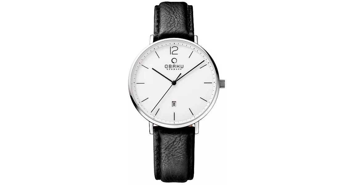 OBAKU 極致簡約時尚日期腕錶-銀框X皮帶黑