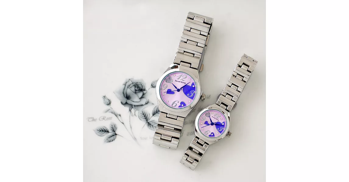 Daniel Wang 3145 浪漫愛心亮鑽刻度銀色鐵帶對錶-紫色小型