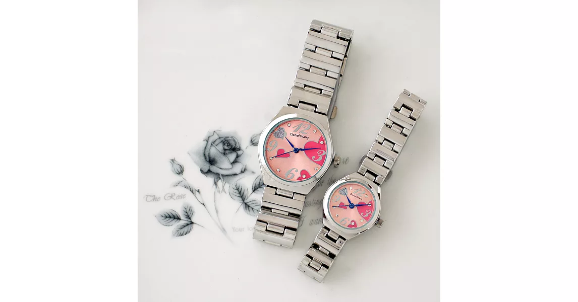 Daniel Wang 3145 浪漫愛心亮鑽刻度銀色鐵帶對錶-粉色小型