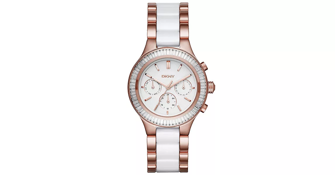 DKNY 精緻雅典娜三眼時尚腕錶-玫瑰金x雙材質錶帶