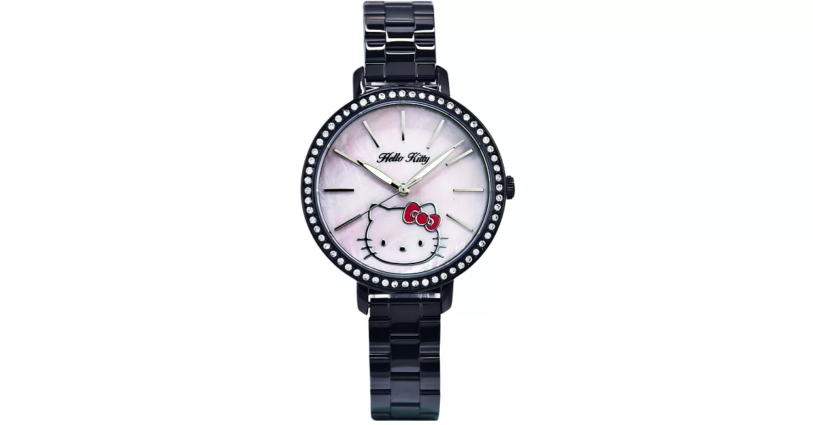 【HELLO KITTY】凱蒂貓珍珠貝殼晶鑽錶 (黑/粉紅 LK629LBPI-S)