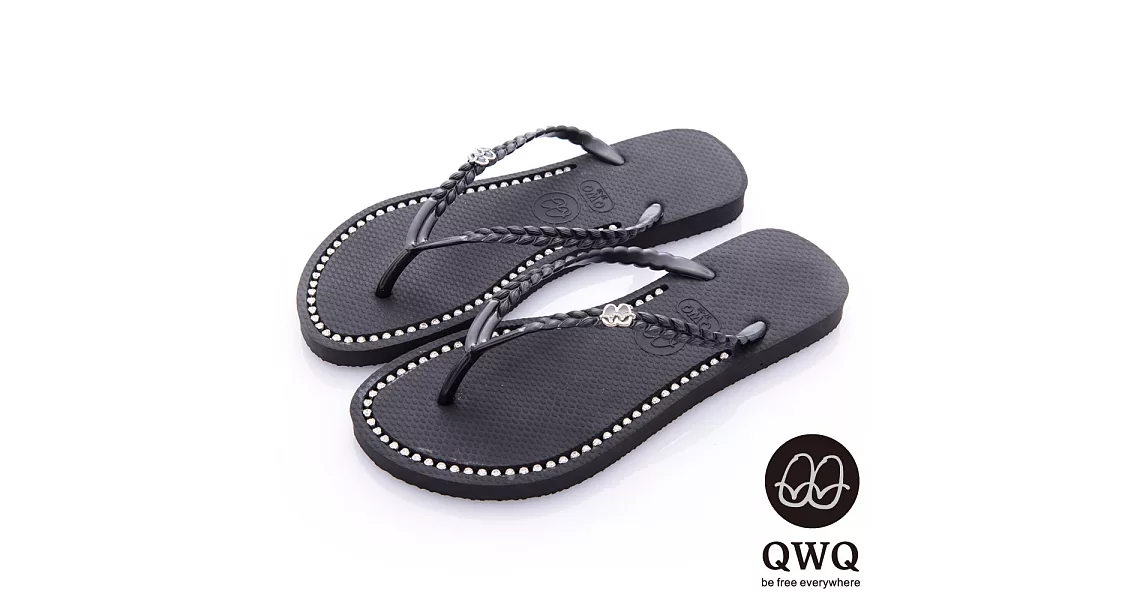 QWQ夾拖的創意(女) - 彩色素面  鞋面施華洛世奇鑽鍊夾腳拖鞋 - 爵士黑37爵士黑