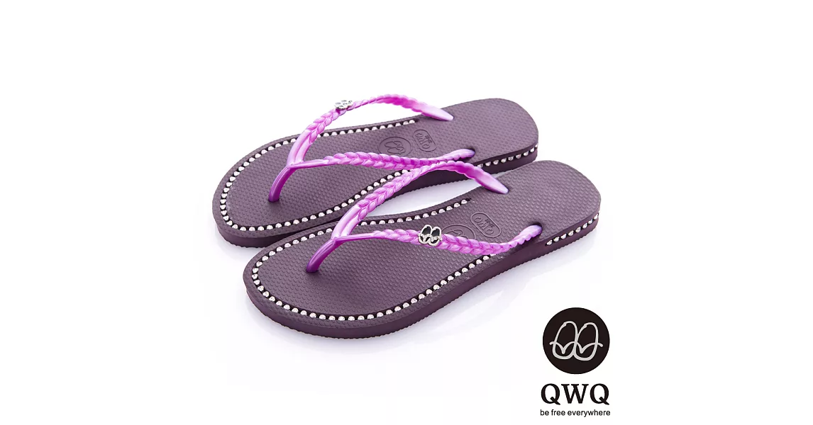 QWQ夾拖的創意(女) - 彩色素面  鞋面+鞋側 施華洛世奇鑽鍊夾腳拖鞋 - 神秘紫35神秘紫