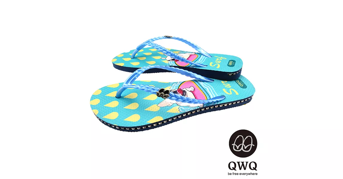 QWQ夾拖的創意(女) - 狗狗塗鴨  SURF 側鑽鍊夾腳拖鞋 - 淺藍35藍