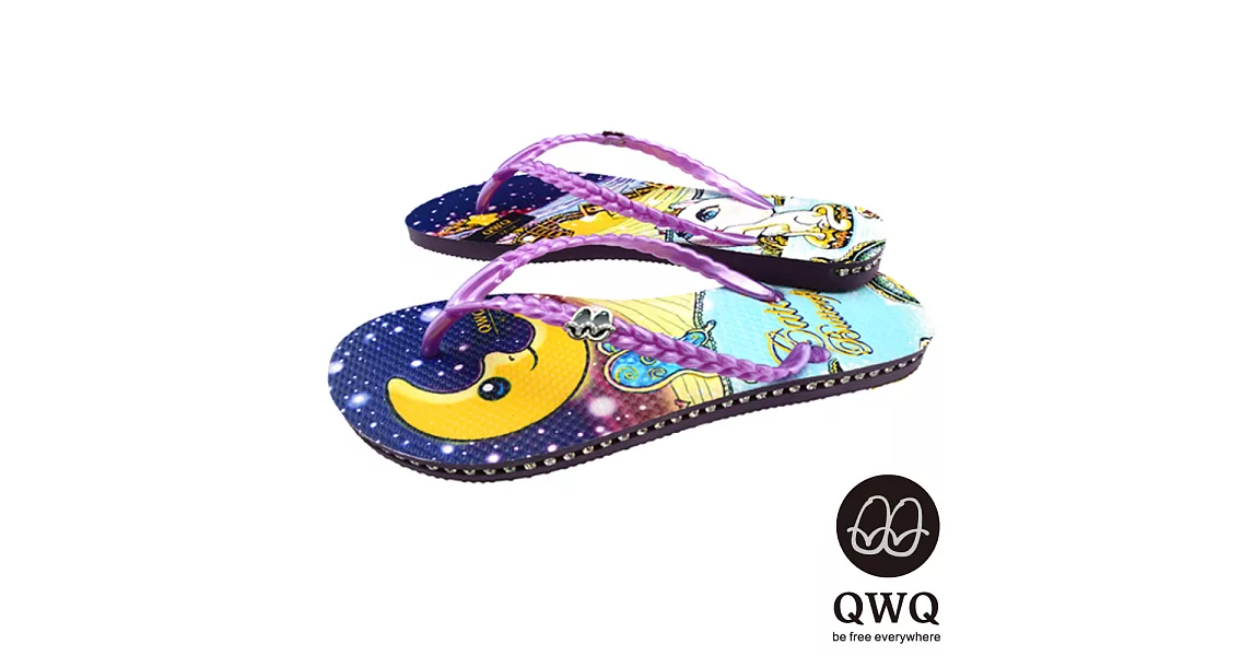 QWQ夾拖的創意(女) - 藝術塗鴨  Catch Butterflies 側鑽鍊夾腳拖鞋 - 紫帶35紫