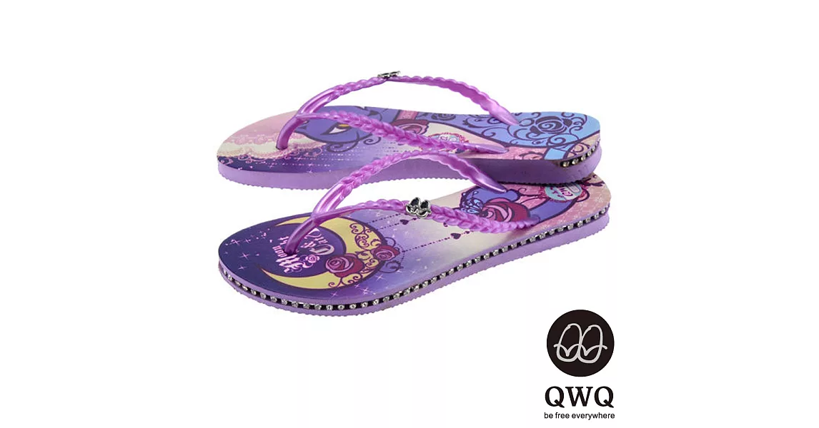 QWQ夾拖的創意(女) - 猫咪塗鴨 Moon Night&Cat 側鑽鍊夾腳拖鞋 - 渲紫35紫