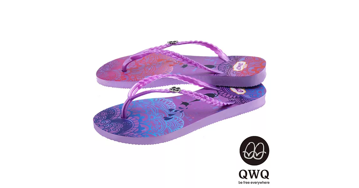 QWQ夾拖的創意(女) - 猫咪塗鴨 心心相印 夾腳拖鞋 - 藍配紫37紫