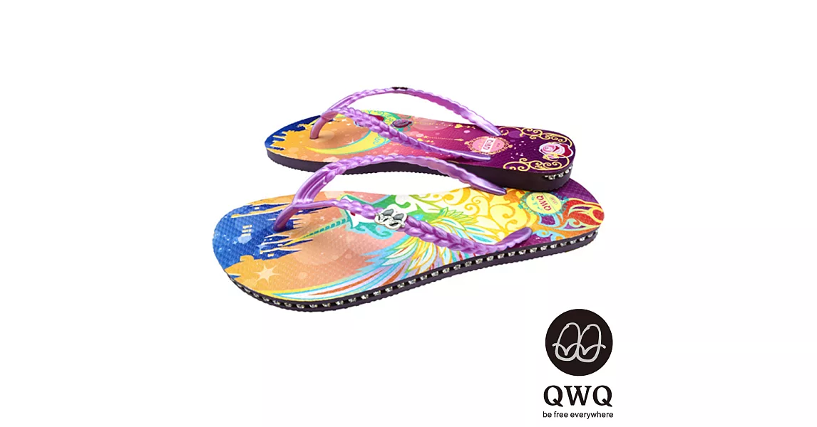 QWQ夾拖的創意(女) - 藝術塗鴨 幻夜 側鑽鍊夾腳拖鞋 - 彩紫35紫