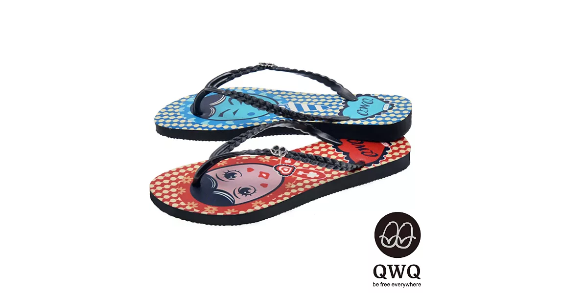 QWQ夾拖的創意(女) - 左右大不同 豆豆男女 夾腳拖鞋 - 藍紅配35黑