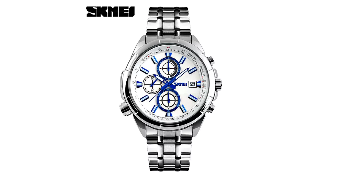 SKMEI 時刻美 9107-S 時尚真三眼六針多功能運動石英男錶 - 銀框白面