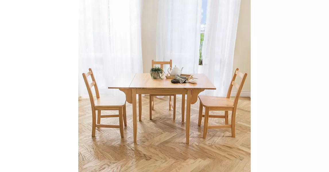 CiS自然行實木家具- 北歐雙邊延伸實木餐桌椅組一桌二椅74x122公分/原木+原木椅墊