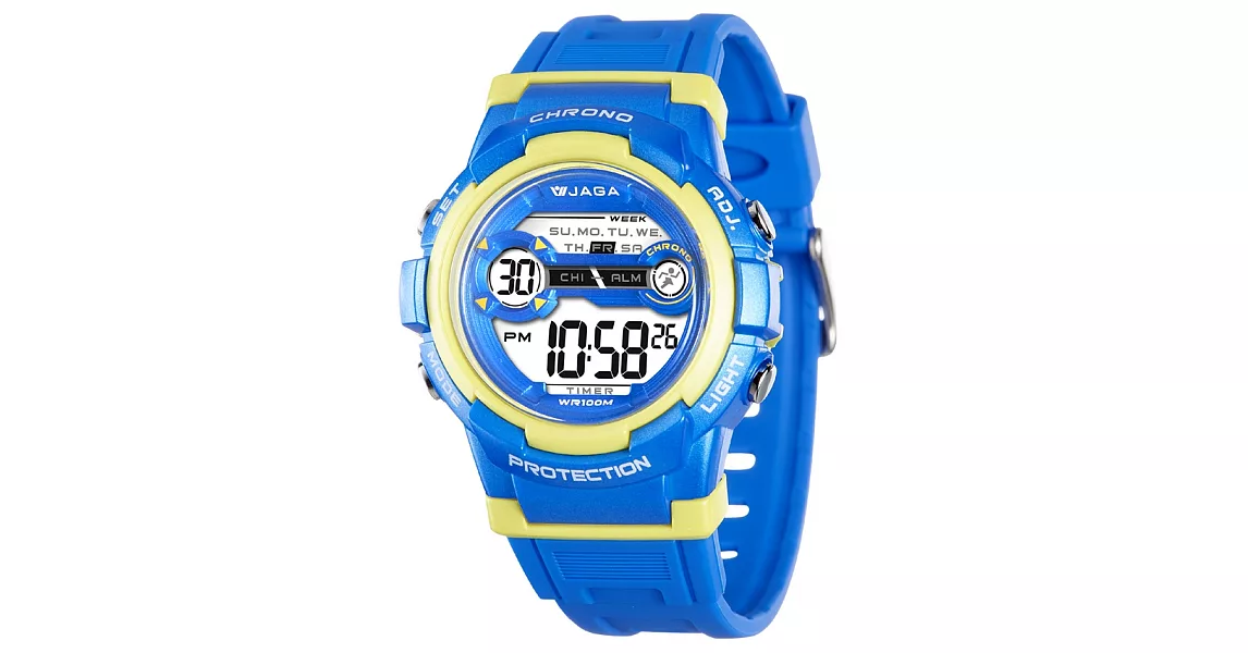 JAGA(捷卡)色彩繽紛花漾年華多功能電子錶M1126-藍黃