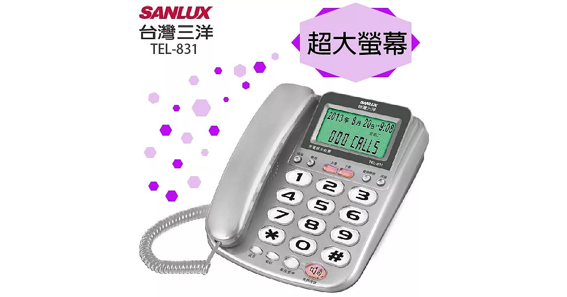 台灣三洋SANLUX超大來電鈴聲有線電話TEL-831銀色