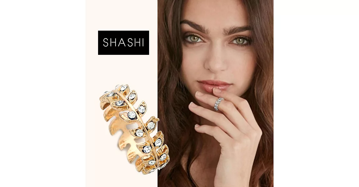 SHASHI 紐約品牌 Amelia 鑲鑽葉子圓形戒指 小寬版 925純銀鑲18K金