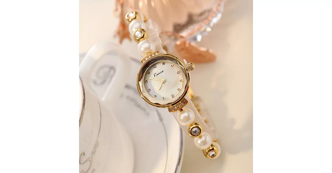 Kimio 金米歐 KW-6026 閃耀珍珠水鑽切割玻璃鏡面手練錶 - 閃耀金