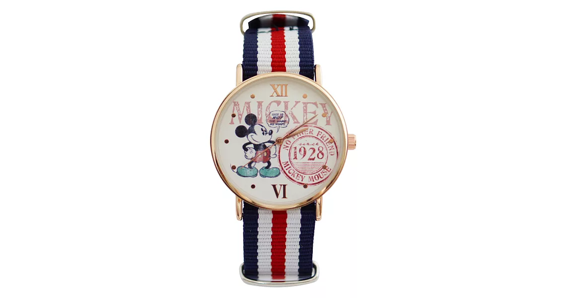Disney 授權迪士尼系列 英倫風格多種顏色休閒帆布錶帶搭配玫金錶框-1928米奇
