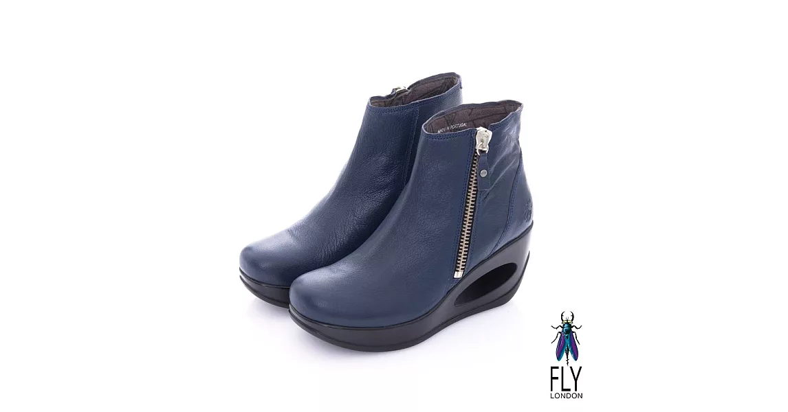 Fly London(女) 融化之冰 簍空鞋跟羊皮拉鍊短筒靴-深藍37藍