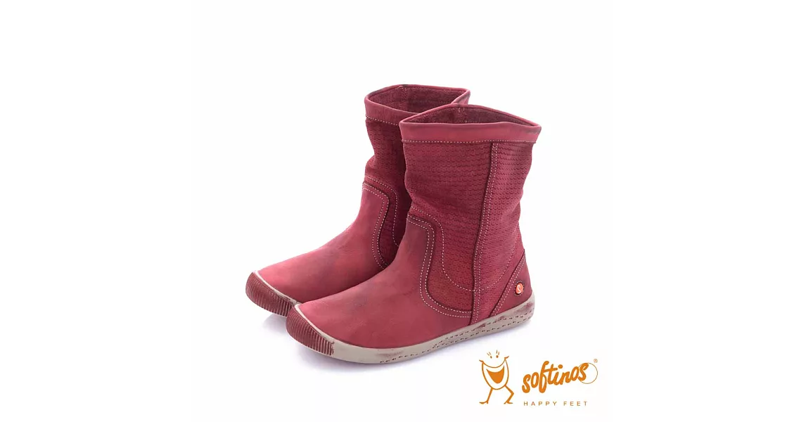 Softinos(女) - HAPPY FEET 十字壓紋超軟牛皮中筒短靴 - 温度紅38温度紅