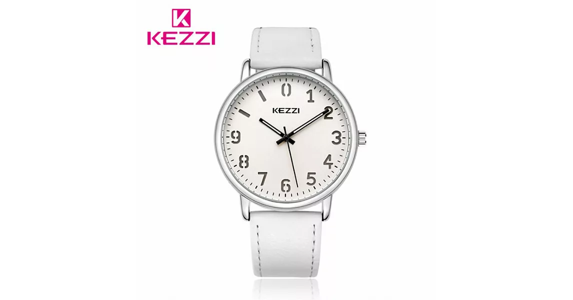 KEZZI 珂紫 K-1648 文青簡約低調數字錶面皮帶手錶 - 白