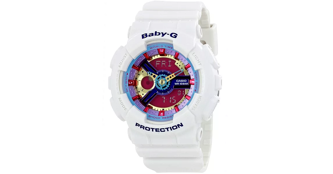 【CASIO】卡西歐 BABY-G系列 繽紛耀眼多層次雙顯電子錶 (白/桃紅/藍紫 BA-112-7A )