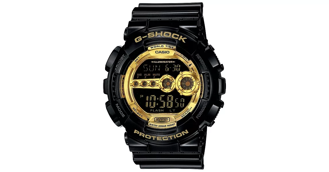 【CASIO】卡西歐 G-SHOCK系列 高亮度LED強悍電子錶 (黑/金 GD-100GB-1)