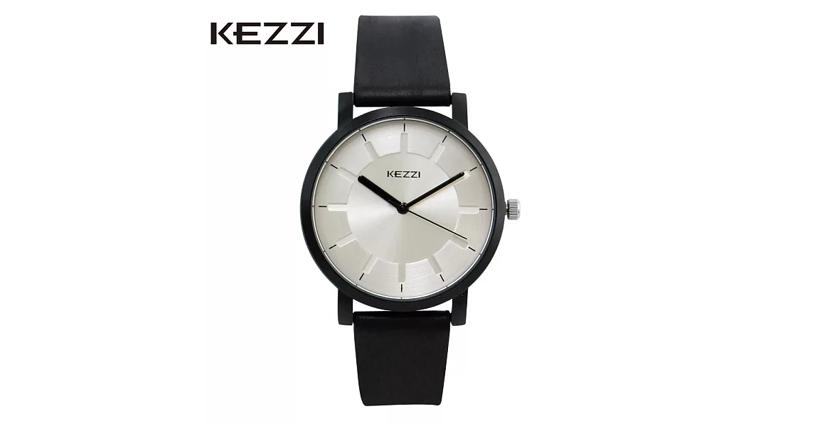 KEZZI珂紫 K-1668 光芒刻度復古刷色皮質錶帶文青錶- 黑色