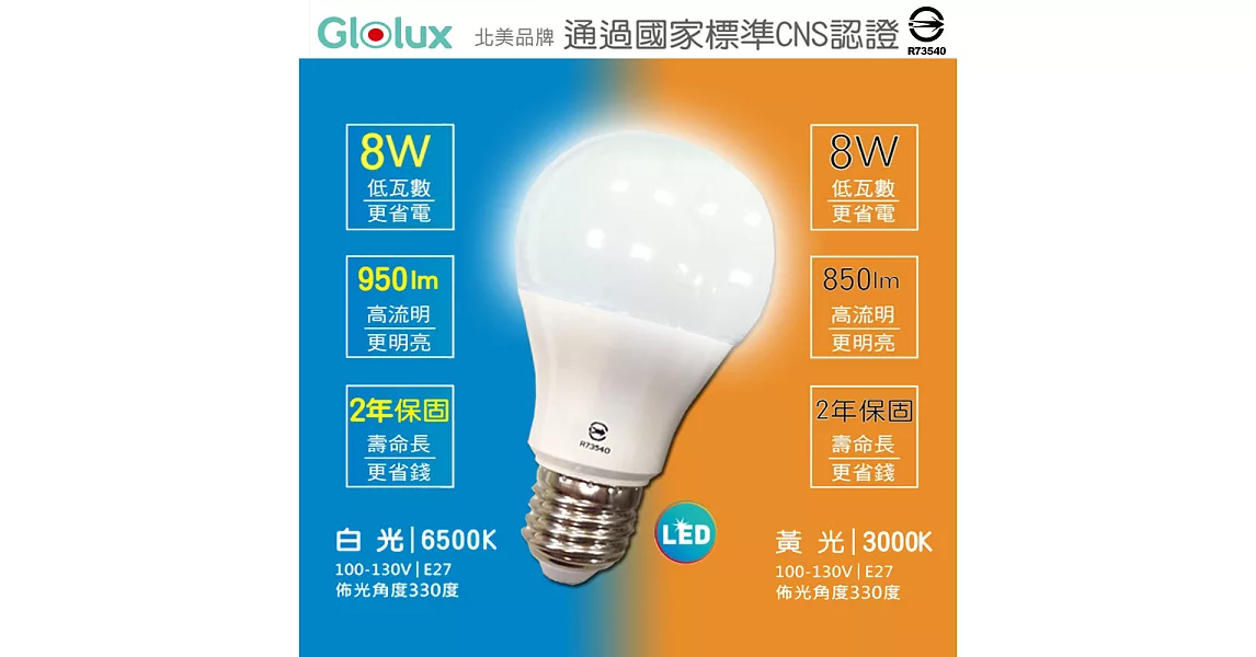 【Glolux】北美品牌Glolux 8W LED燈泡北美品牌(10入)白光