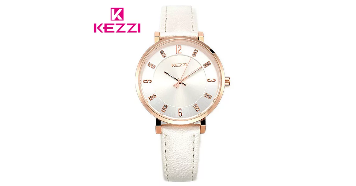 KEZZI珂紫 K-1595 氣質鑲鑽玫瑰金刻度美氛女錶- 白色