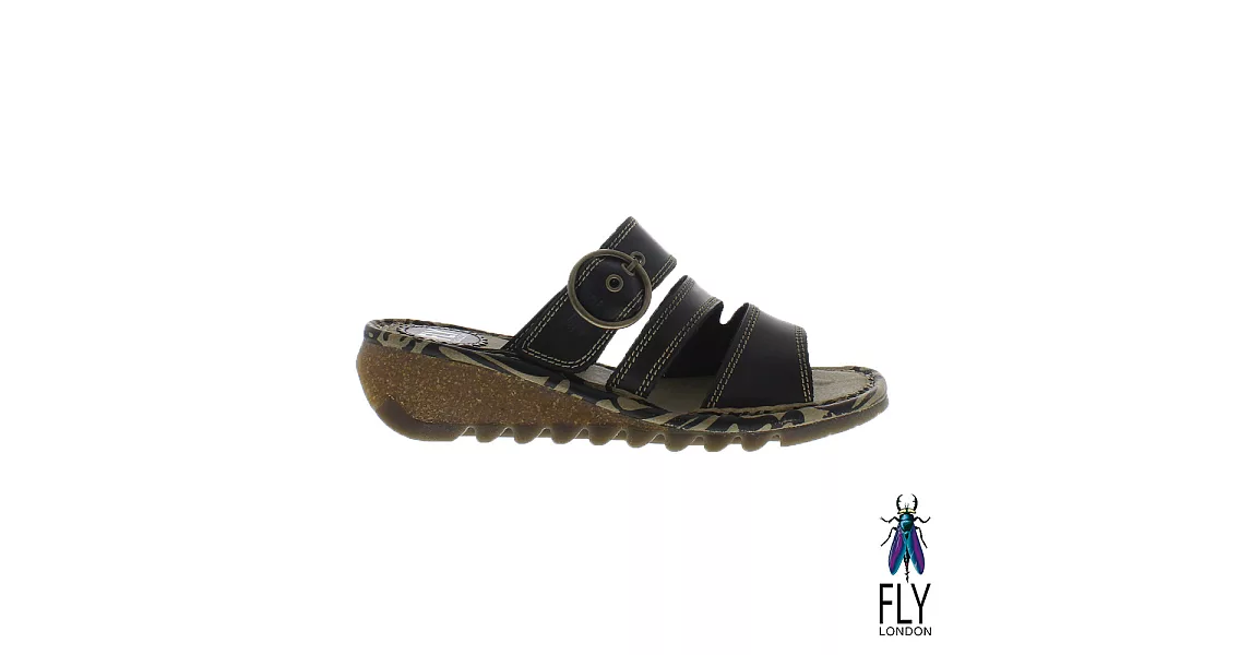 Fly London(女) 三線圓扣低坡跟真皮休閒拖鞋 - EU38黝勁黑