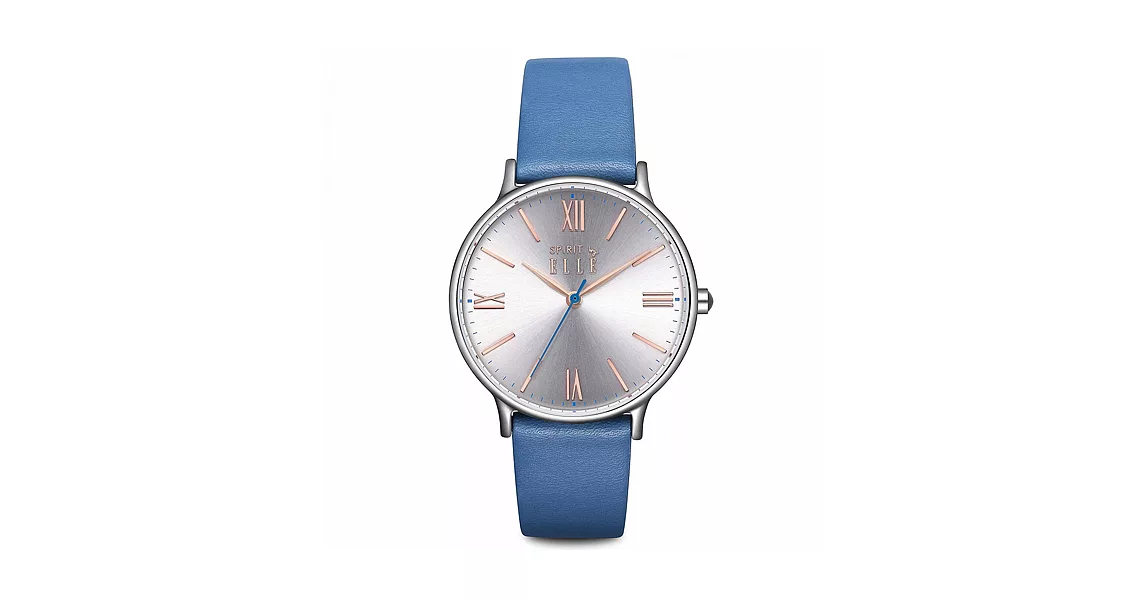 ELLE 率性羅馬皮革時尚腕錶-銀x藍/33mm銀x藍
