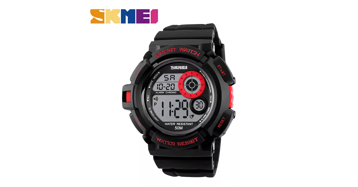 SKMEI 時刻美 1222 低調單色錶面設計多功能電子運動錶- 紅色
