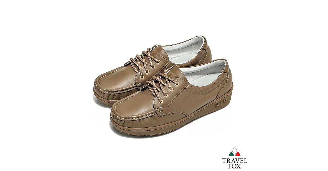 Travel Fox(女) 午後散步 超軟牛皮舒適熟齡綁帶旅狐休閒鞋 -EU393點棕