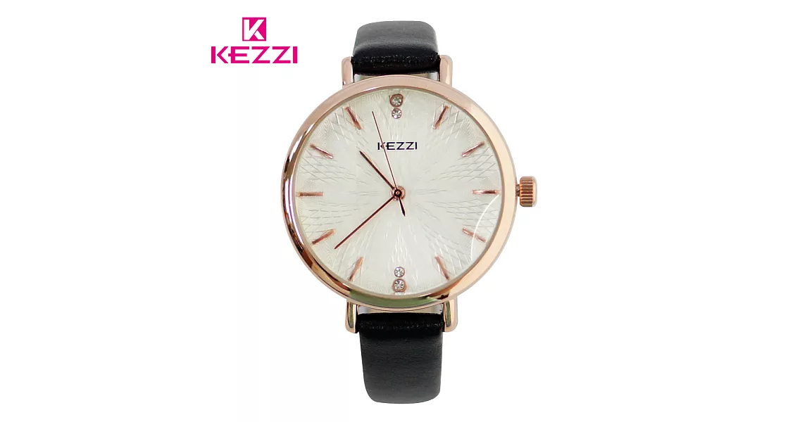 KEZZI珂紫 K-1672 優雅綻放花紋玫金水鑽手錶 - 黑色