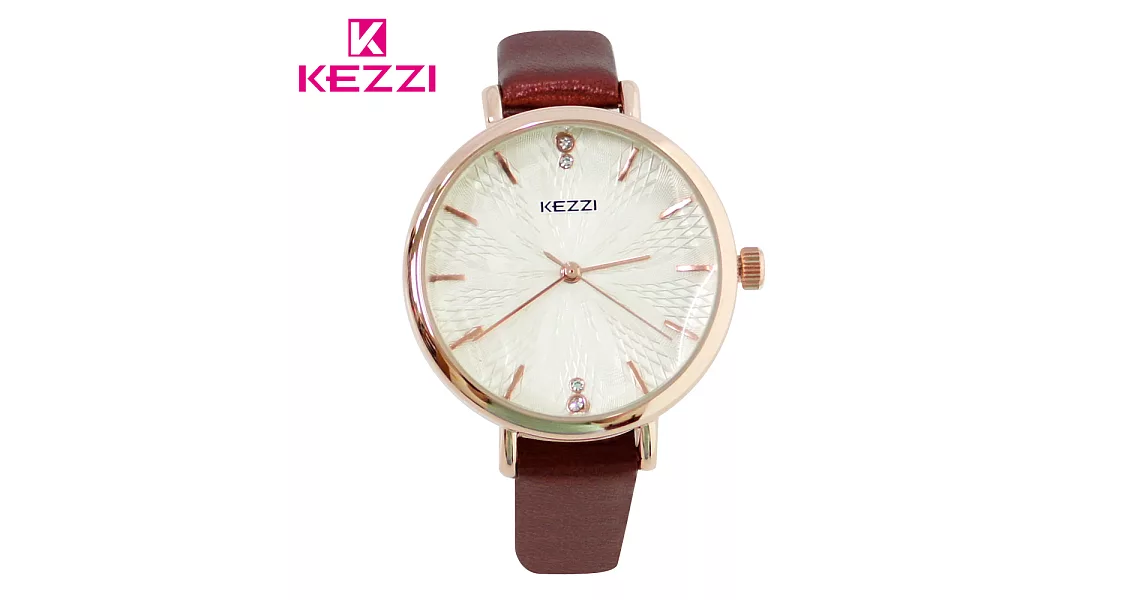 KEZZI珂紫 K-1672 優雅綻放花紋玫金水鑽手錶- 咖色