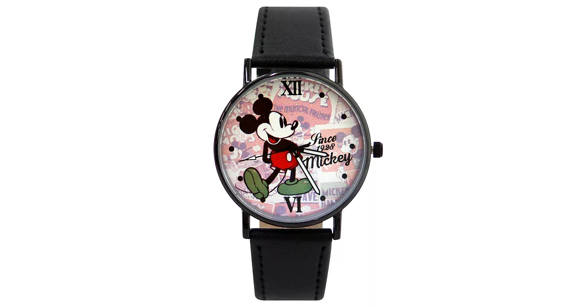 Disney 迪士尼經典組合米奇米妮復古黑色皮帶錶- 雜誌米奇