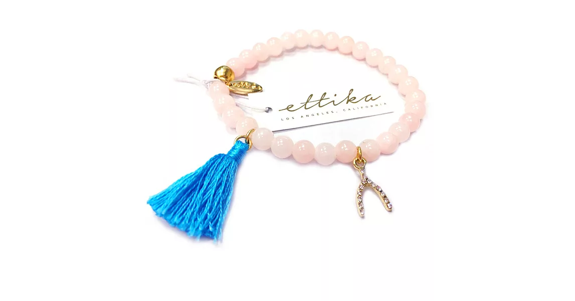Ettika 玫瑰石英粉玉石手鍊 鑲水晶許願骨手鍊 寧靜藍流蘇手鍊