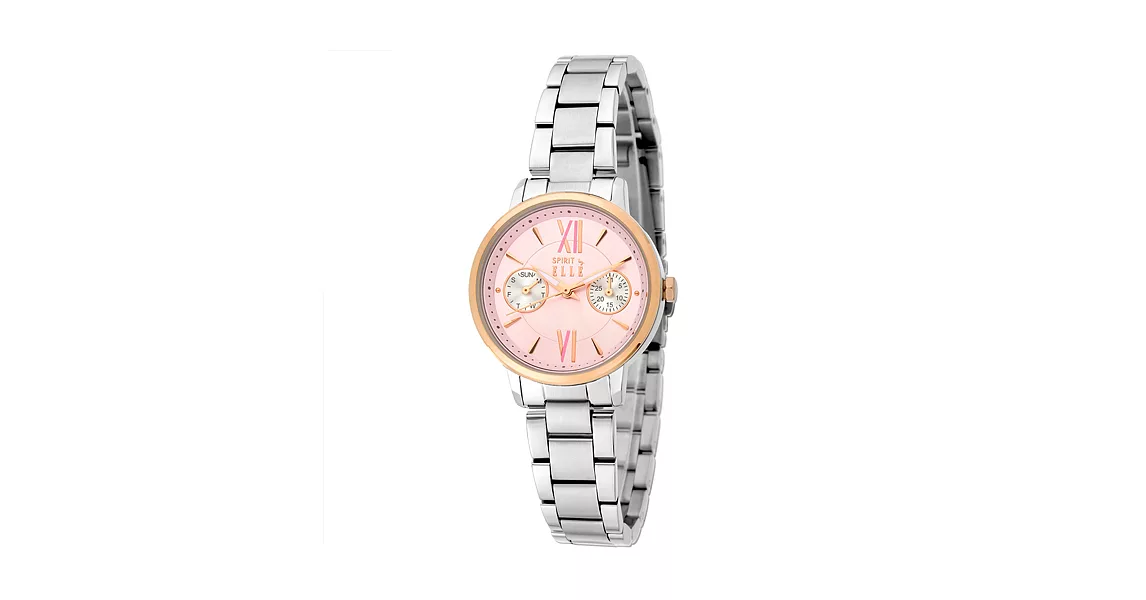 ELLE 雙眼設計感粉紅跳色不鏽鋼時尚腕錶-粉紅/29mm