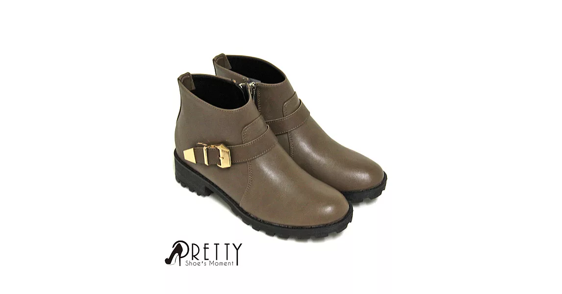 【Pretty】個性金屬裝飾側拉鍊低跟短靴JP23可可色