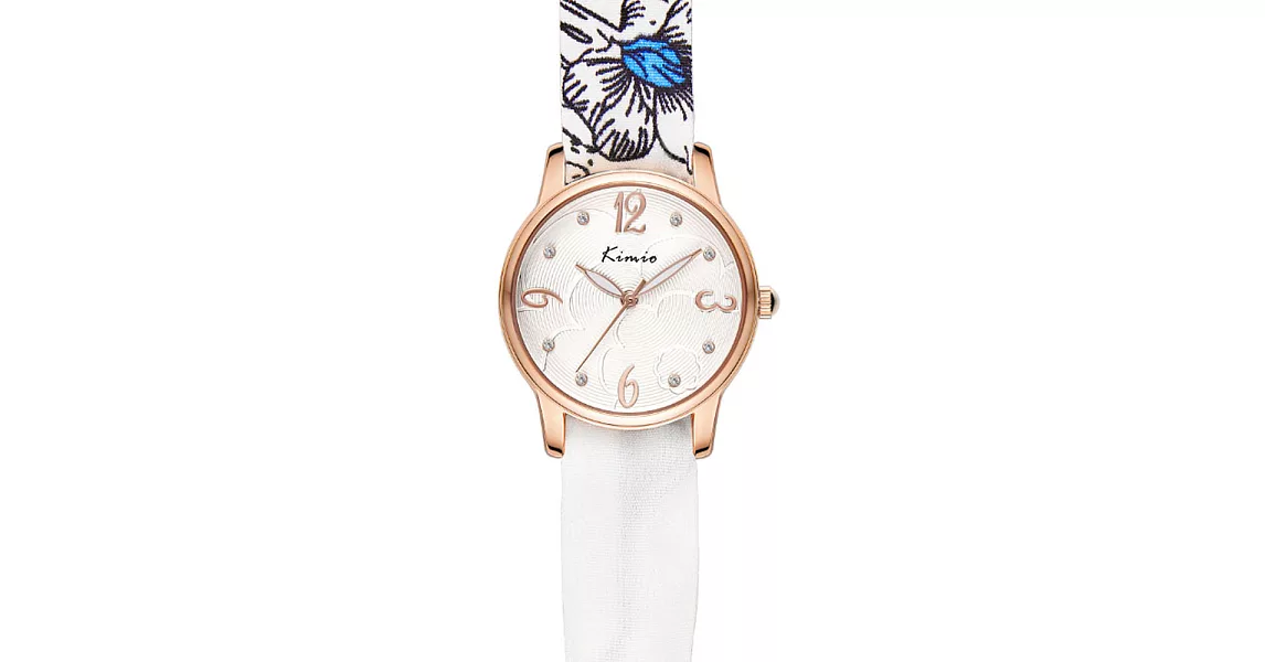 Kimio 金米歐 D5009M 氣質緞帶優雅指針鑲鑽女錶(隨機附贈緞帶)- 白色