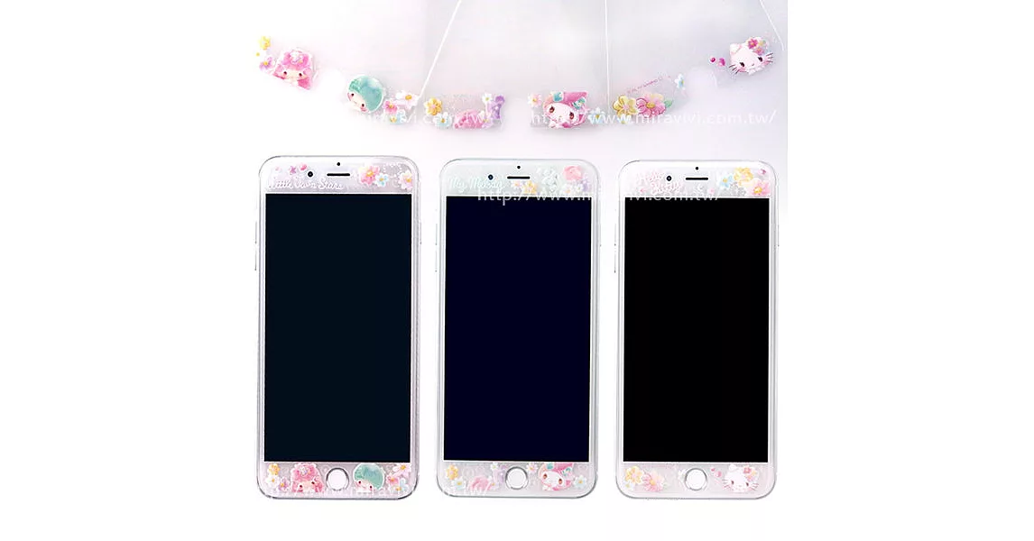 【Sanrio三麗鷗】iPhone 8 Plus / iPhone 7 Plus (5.5吋) 繁花系列 9H強化玻璃彩繪保護貼(KITTY)