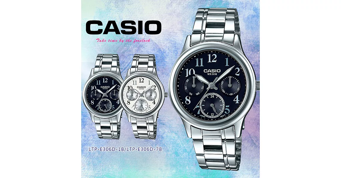 CASIO卡西歐 流光歲月三針三眼石英腕錶 LTP-E306D-1B/7B白色